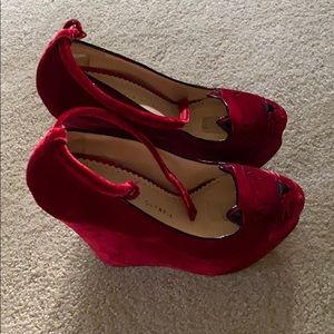 Charlotte Olympia Red Velvet Kitty Wedge